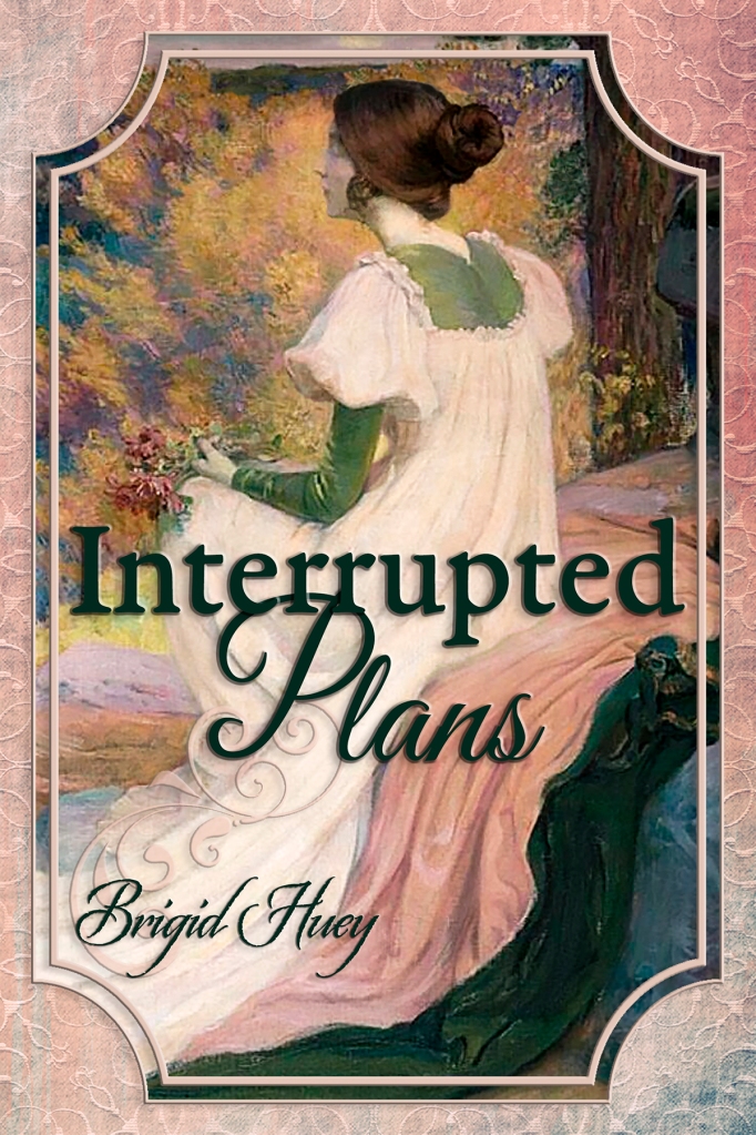 The picture is of the cover of Brigid Huey's new book, Interrupted Plans. A painting of a lady in a long pink and green gown sitting on a bench is set on a peach background. The lady is looking out onto some trees with a pensive look.