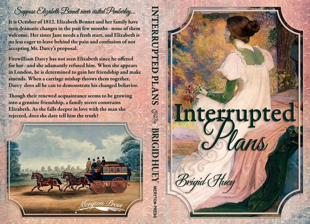 The picture is of the full spread of the book jacket for Interrupted Plans. The front cover has a woman in a pink and green dress with the author's name and book title. The back of the cover includes a few paragraphs about the book and a picture of an old-fashioned carriage. 